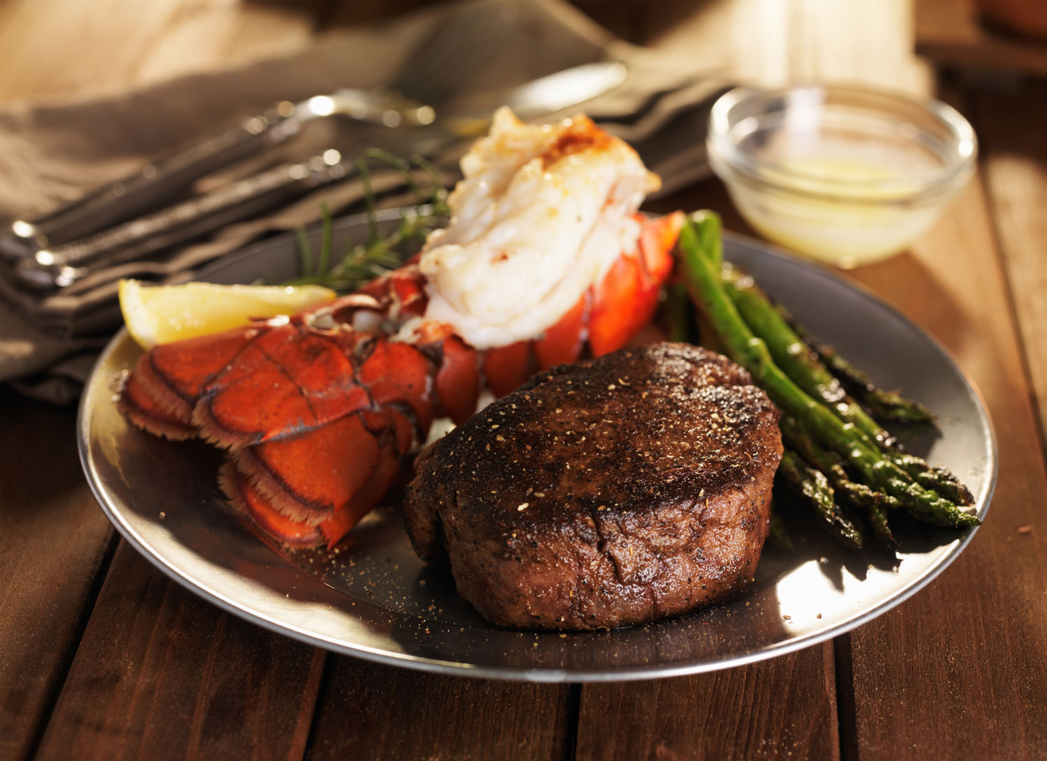 Dining - Surf and turf plate with asparagus