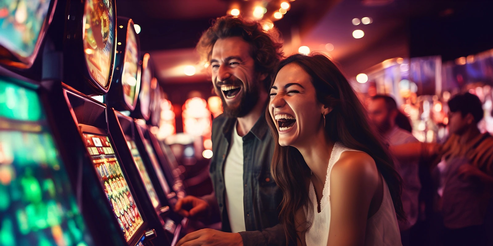 A man and woman playing as a slot machine in a casino