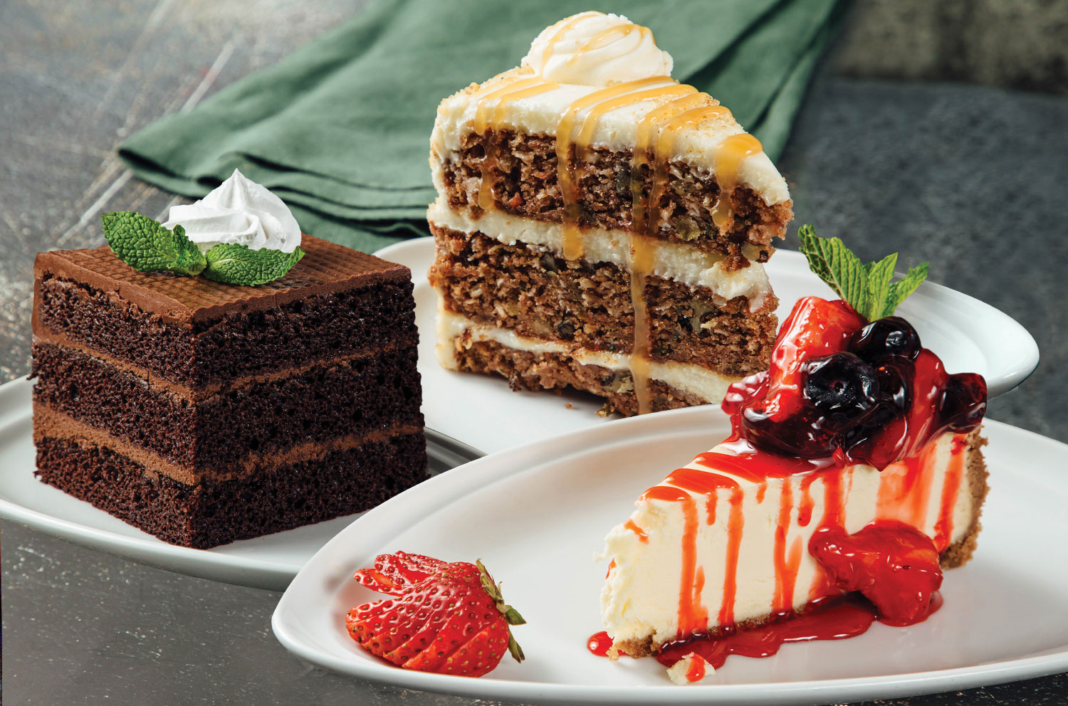 3 slices of cakes and desserts.